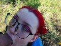 schoolgirl with red hair gives a blowjob to get cum on her hair, face and glasses