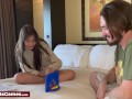 A sexy babe playing connect 4 with her friend on the bed and loses each round