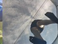 Tall girl in shorts jumping barefooted on a trampoline (slowed down) bottom view