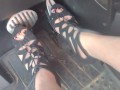 Big feet pedal pumping the gas pedal in strappy sexy black heels