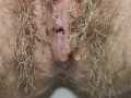 Natural hairy pussy pissing with menstrual cup inside 💦 Close up