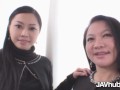 Cute JAV babe and her stepmom take turns pleasing one lucky man