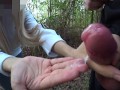 DICK FLASH IN FOREST: Sporty milf caught me jerking off and laughs at my huge cumshot