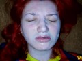 compilation of cum shots on the face of a cute girl with red hair and glasses