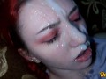 compilation of cum shots on the face of a cute girl with red hair and glasses