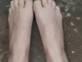 Wiggling my long toes with red polish big footed