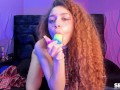 Ginger sucking off her dildo cock