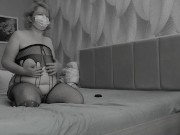 Mature BBW MILF with big natural saggy tits and hairy pussy masturbates to orgasm.