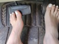 Pedal pumping barefooted in my big truck with white toe nails