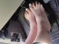 Pedal pumping barefooted in my big truck with white toe nails