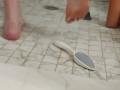Cleaning my dirty soles in the shower with a pumice rock and showing how clean I got them