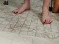 Cleaning my dirty soles in the shower with a pumice rock and showing how clean I got them