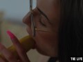 Tattooed cutie fucks her creamy wet pussy with a big banana