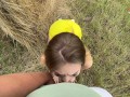 Beautiful bitch in a yellow dress began to suck dick and fuck in the hayloft