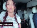 Babe in pigtail braids chatting behind porn scenes in car on her way to live stage performance nervous excited - Lelu Love