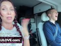 Babe in pigtail braids chatting behind porn scenes in car on her way to live stage performance nervous excited - Lelu Love