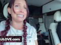 Babe in pigtail braids chatting behind porn scenes in car on her way to live stage performance nervous excited - Lelu Love