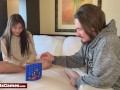 Cute couple playing a connect 4 strip game and getting naked together