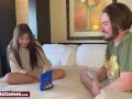 Cute couple playing a connect 4 strip game and getting naked together