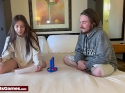 Cute couple playing a connect 4 strip game and getting naked together