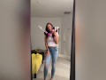 Big boobs babe bare feet in jeans mirror selfie trying out new voiceover app before/after doing hair dye - Lelu Love