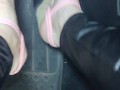 Pedal pumping in leather pants and pink wedge