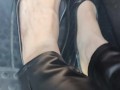 Pedal pumping wearing my tight leather black pants and wearing my new black leather flats