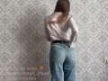 striptease in jeans, put on stockings and masturbates wet pink pussy through transparent panties