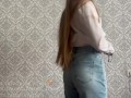 striptease in jeans, put on stockings and masturbates wet pink pussy through transparent panties