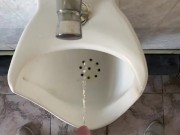 Guy pissing with big uncut cock in public toilet in slow motion POV