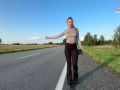 Hot bitch hitchhikes in tight leggings, shows tits and ass and pays for the ride with sex