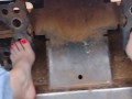 Pedal pumping a bobcat tractor with shoes then socks then barefooted