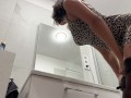 Horny petite brunette wife in the bath preparing and doing make up for the club night shows ass with pussy lips under dress