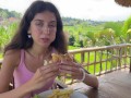 Cute Girl Eating Burger with Cum on Her Face in Public Cafe