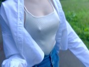 Eカップ157cm42kgのノーブラ散歩 Japanese no bra in public