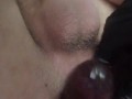 Silly guy almost gets all 17in double sideded dildo! And precum taste test