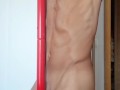 Hot striptease in a pull up bar - Big hard cock masturbation