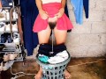 Pissing A Laundry Basket Full Of Dirty Clothes Before Washing