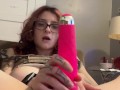 Pink haired chick tried out new toy