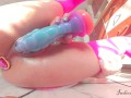 Huge Wet Explosive Squirt after Masturbation with Monster Dildo