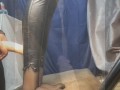 My sillicone doll and me in leather leggings.Legjob, tightjob, huge cumshot