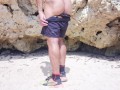 Sexy guy walks naked on the beach and touches his cock in a risky way - small cumshot