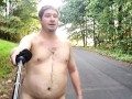 Exhibitionist Nudist walks butt naked in woods/forest and on public road, open field