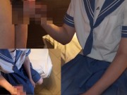 【足コキ・手コキ】水色セーラー服ザーメンぶっかけ（熊●・花●）