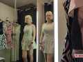 Try On Haul Transparent Clothes in the Fitting room. Blonde seduces in a mall
