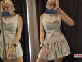 Try On Haul Transparent Clothes in the Fitting room. Blonde seduces in a mall