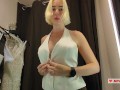 Try On Haul Transparent Clothes in the Fitting room. Blonde seduces in a mall