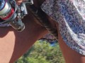 Fishing Rod Public masturbation# NO PANTIES Butt Plug flashing in my way to Fishing Spot