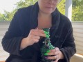 BBW step mom MILF 420 smoking fetish masturbating outside on porch in robe