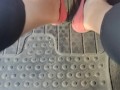 Pedal pumping in dirty worn out pink flat ballet shoes no socks